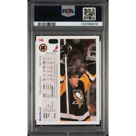 1991 Upper Deck #346 Mark Recchi PSA 9 Mint Pittsburgh Penguins - Pop 2 - Picture 2 of 2